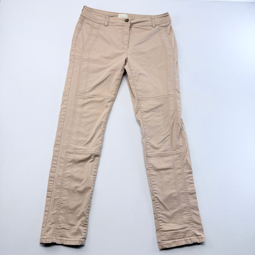 Chicos Womens Size 0 Tan Khaki Slim Utility Pants Front Seam Stretch Cotton